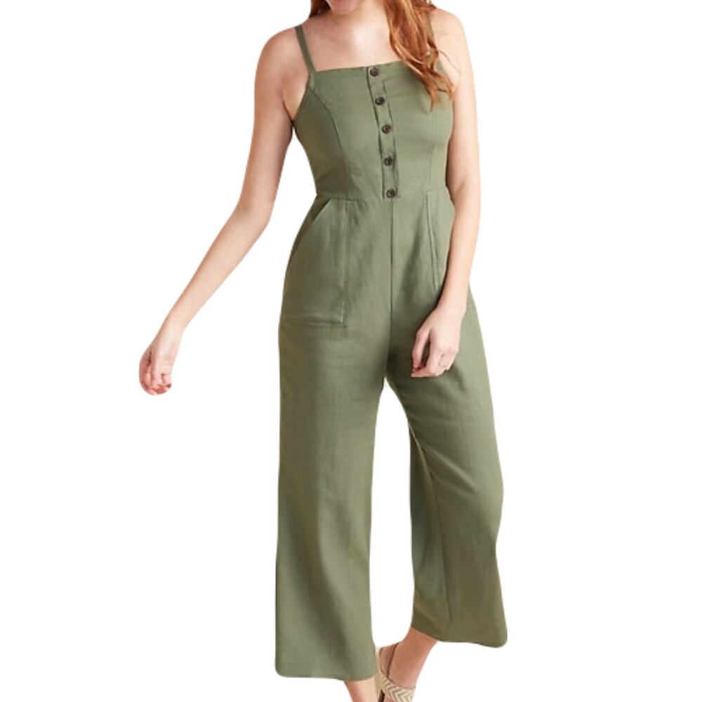 NWOT OLD NAVY Jumpsuit Women L Linen Wide-Leg Smocked-Back Pocket Olive-Green